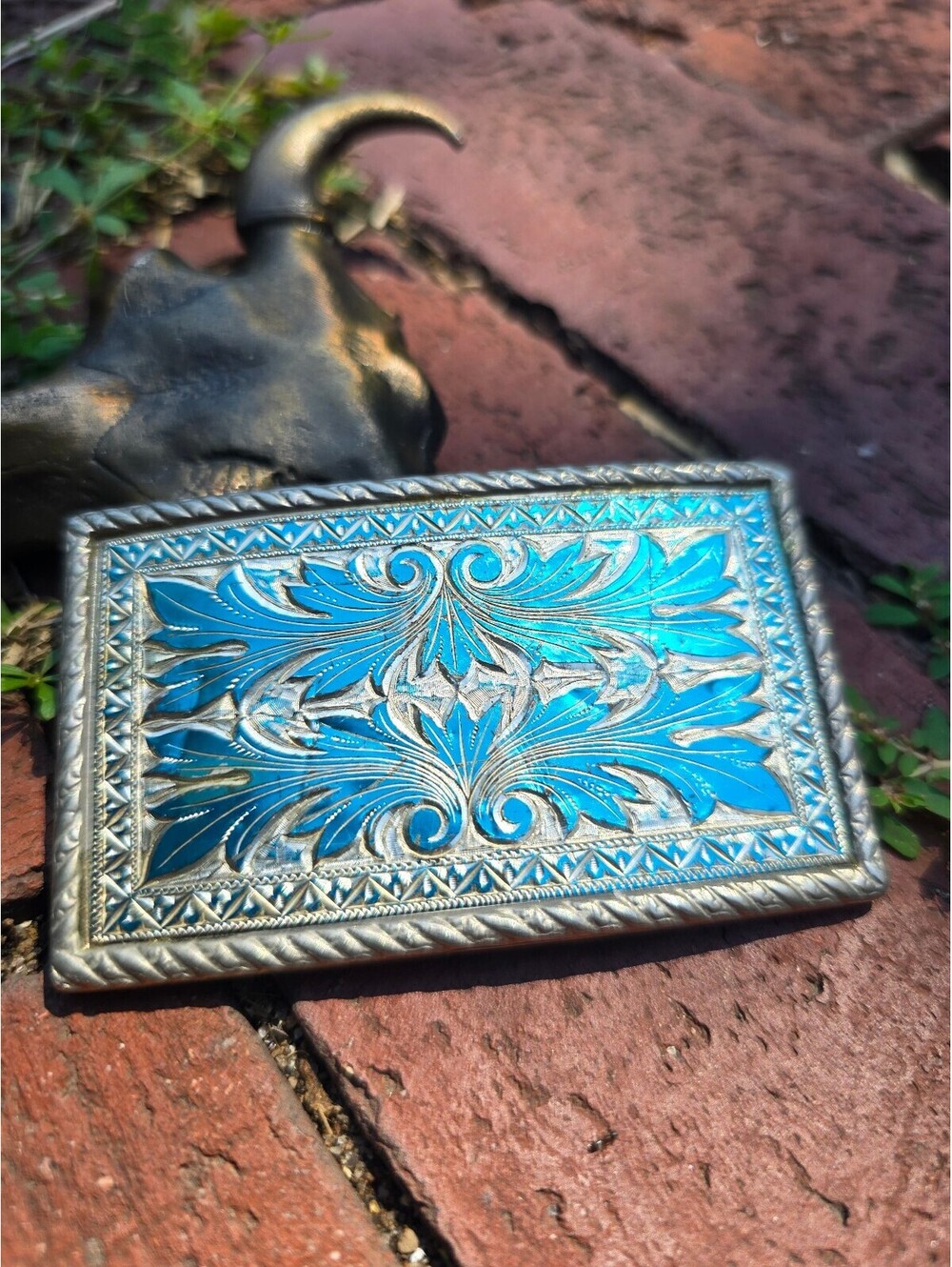 1970s Western Vintage Silver Tone and Teal Scrollwork Belt Buckle